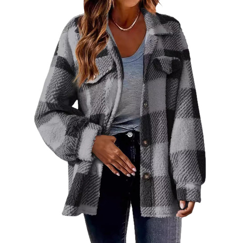 Cross-border Women's 2025 New Amazon Autumn/Winter Pockets Grid Lamb Fleece Jacket Button Plush Outerwear