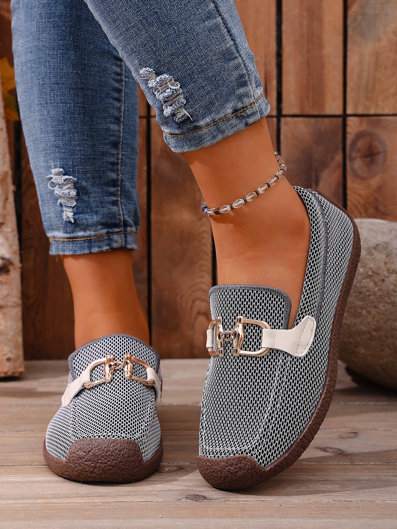 Comfortable Metal Chain Slip-On Casual Loafers Women's Flat Cross-Border Easy Wear Spring New Style_vogvips.com