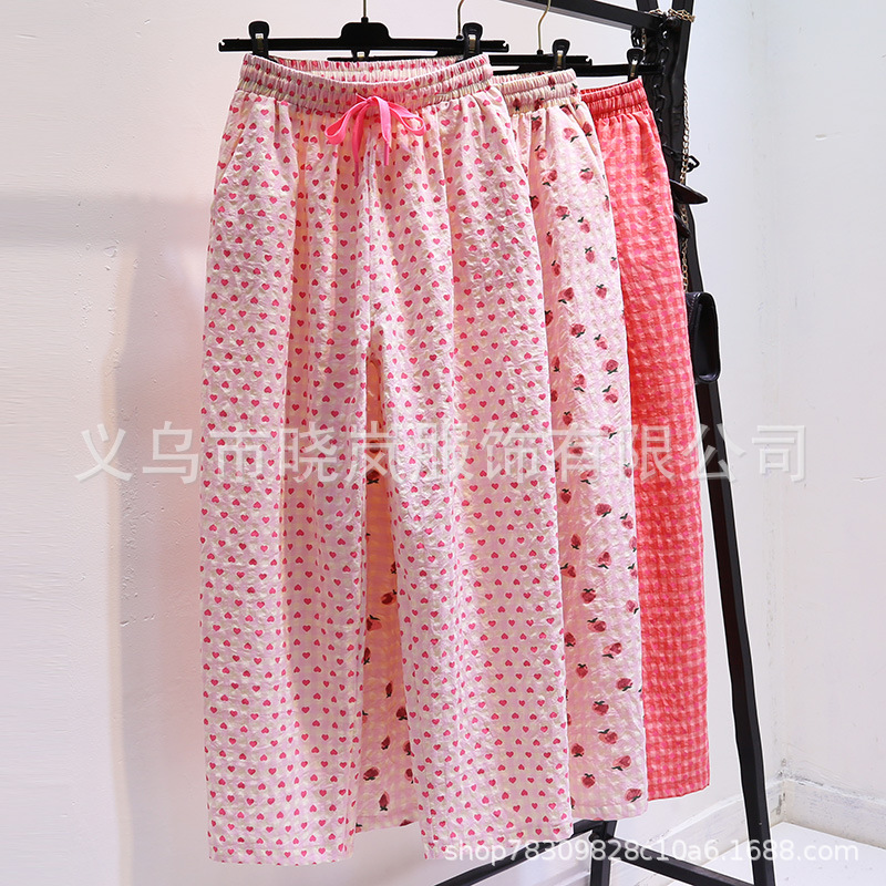 粉色泡泡棉麻格子休闲裤女夏季新款高腰宽松显瘦直筒薄款阔腿长裤