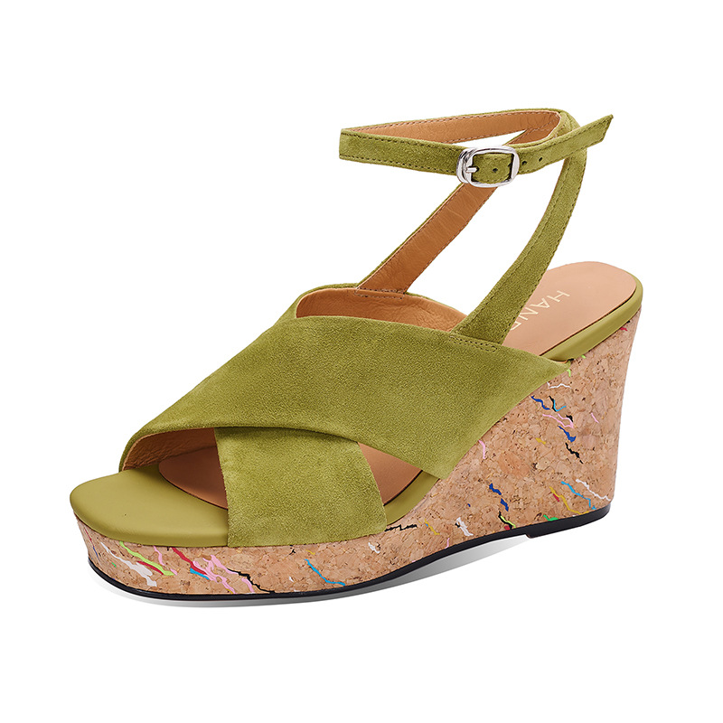 Sandal cao gót nữ quai chéo đế xuồng, gót 9 cm, hở mũi, khóa một chữ — xanh lá cây, màu kaki