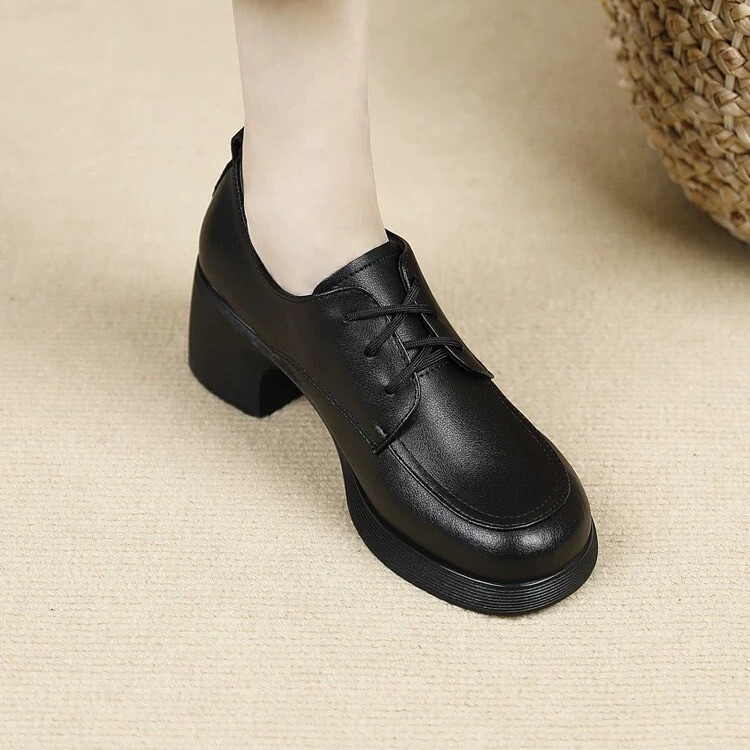 British Style Coarse High Heel Lace-up Leather Shoes Women's 2024 Autumn New Fashion Single-layer Shoes Commuter All-match Black Loafers British Style Coarse High Heel Lace-up Leather Shoes Women's 2024 Autumn New Fashion Single-layer Shoes Commuter All-match Black Loafers