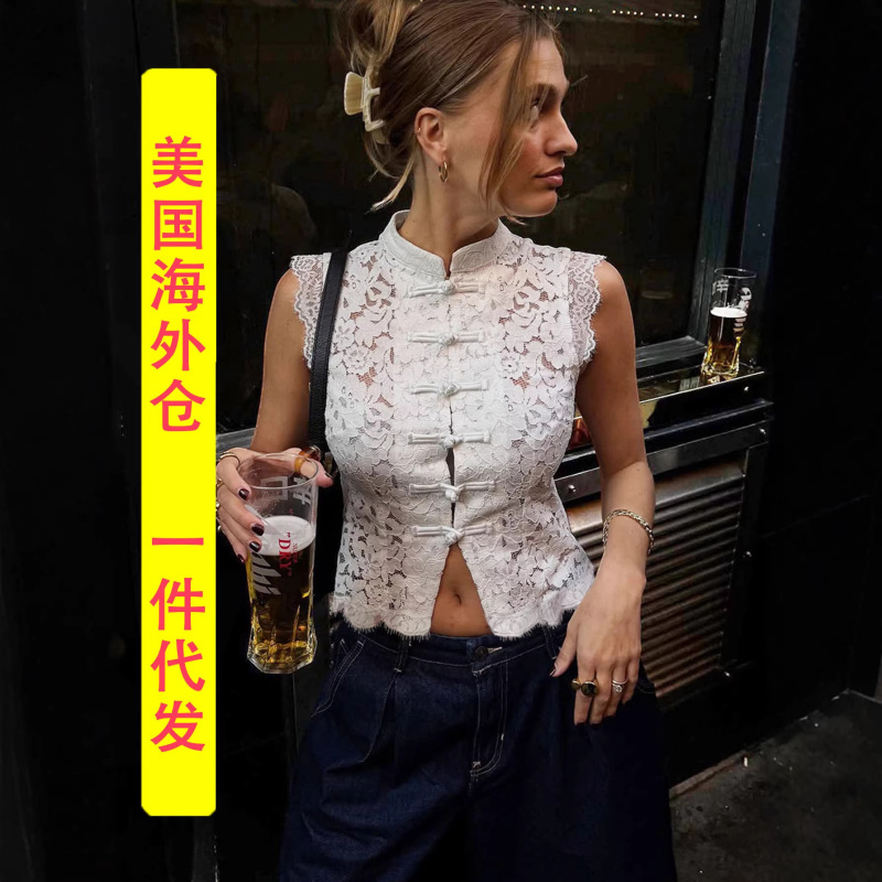 European and American Style Women's Shirts, Solid Color, Slim Fit, Comfortable, Elegant, Lace Hollow-Out Sleeveless Shirt, New Chinese Style, Overseas Warehouse
