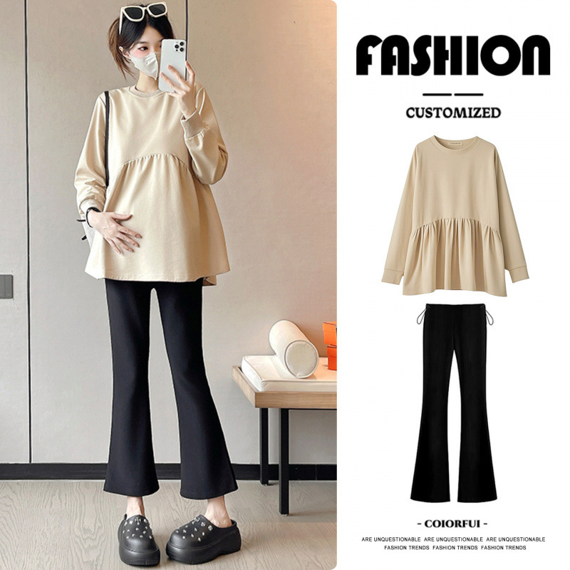 Maternity Wear for Outer Wear in Spring and Autumn, Two-Piece Babydoll Shirt, Khaki Top, Sweatshirt, Korean Style Casual Boot-Cut Pants