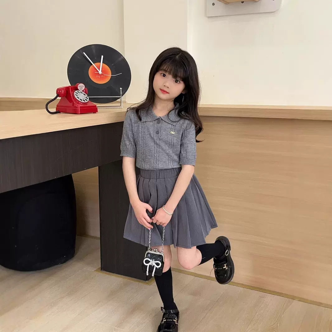 夏季儿童韩版学院风针织短袖POLO衫毛衣批发百褶裙女童裙子童装