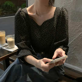 韩国chi春季法式复古方领露锁骨撞色波点设计宽松百搭长袖衬衫女
