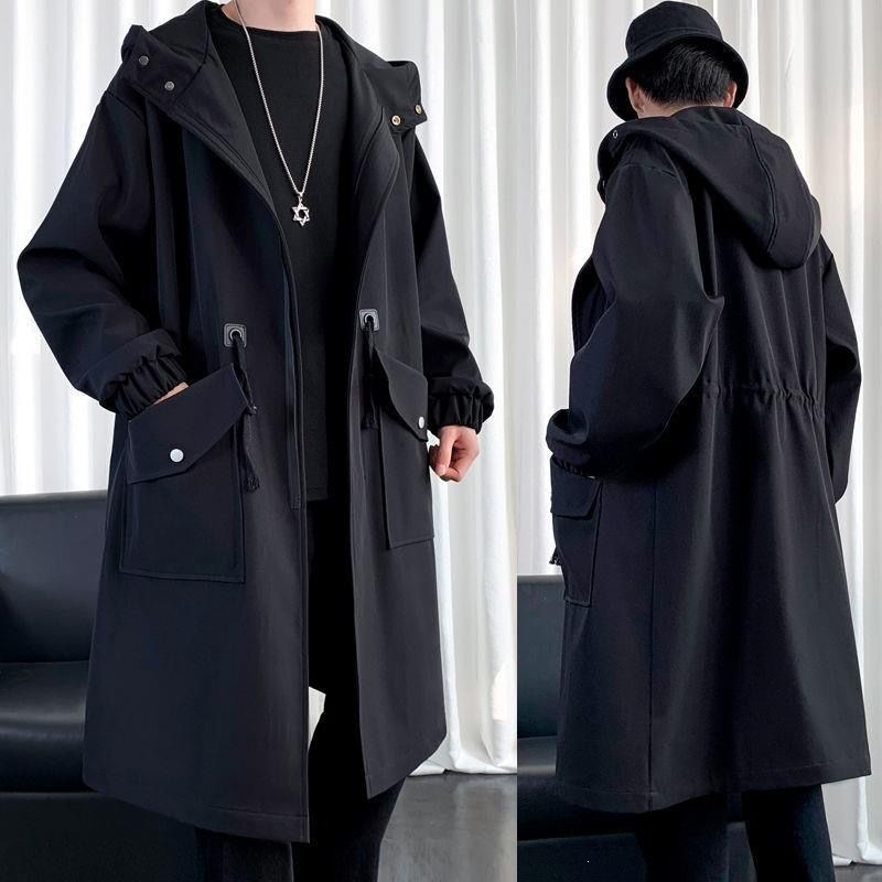 Scissors Stone Spring Trench Coat Men's Long Overcoat Knee-Length Trendy Youth Hooded Outerwear Loose Plus Size Handsome