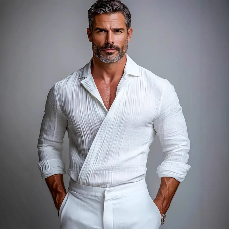 Cross-Border Export Muscular Men's V Neck Shirt Business Casual American Short-Sleeved Youth Popular Lapel Men's Shirt