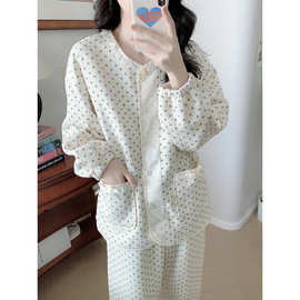 跨境专供女睡衣女加厚夹丝棉爱心家居服水韩版ins长袖圆领套装女