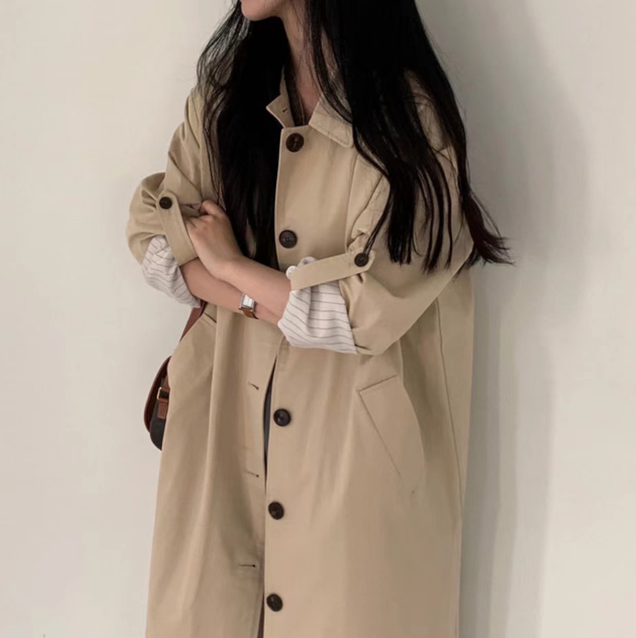 Updated In-Stock Sizes Korean Chic Single-Breasted Long Trench Coat Loose Casual Women's Jacket