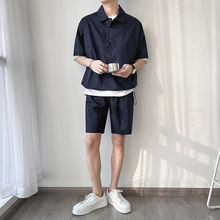 夏季韩版百搭衫两件套潮纯色套装男宽松休闲短裤短袖一套