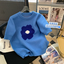 蓝色花朵泡泡袖毛衣女夏季2023新款减龄洋气慵懒风短袖圆领针织衫