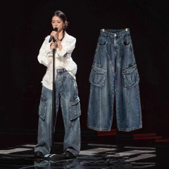现货王心夌薛凯其同款美式复古多口袋工装牛仔裤女宽松直筒阔腿裤