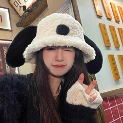可爱小狗毛绒渔夫帽女秋冬天白色毛毛显脸小保暖护耳盆帽学生百搭