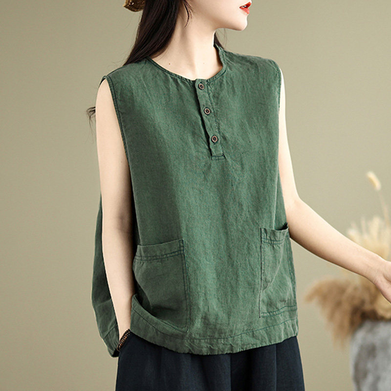 Artistic Retro Korean-Style Cotton and Linen Sleeveless Top, Camisole, New Summer Versatile Pure Cotton Top with Pocket Design for Women Artistic Retro Korean-Style Cotton and Linen Sleeveless Top, Camisole, New Summer Versatile Pure Cotton Top with Pocket Design for Women