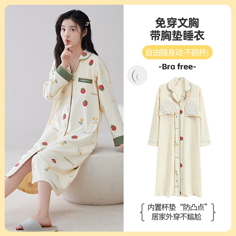 Camisa camisón Mujer con almohadilla en el pecho Primavera y otoño manga larga algodón estilo coreano cardigan otoño e invierno largo sexy ropa suelta para el hogar