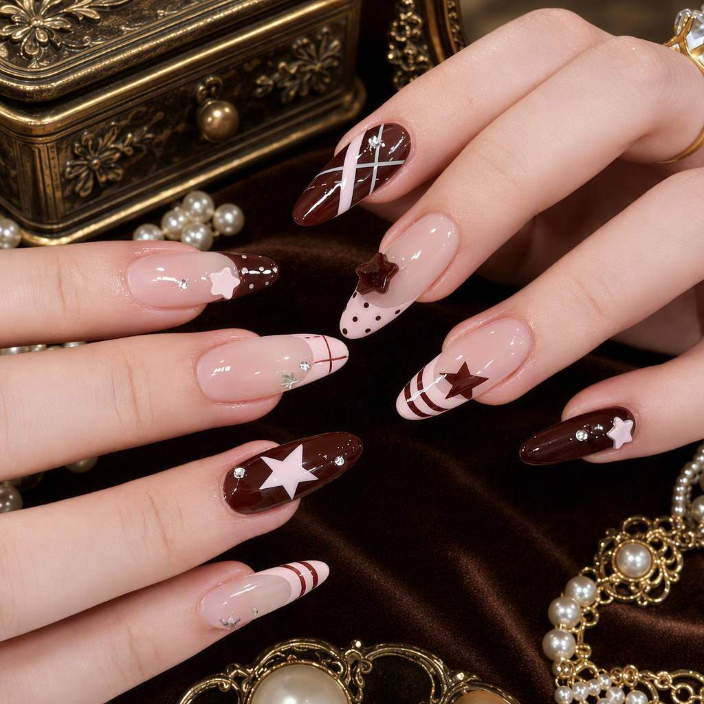 Wearable Nails for Export to Europe and America, Autumn and Winter Sweet Cool Brown Pink Star Almond Nails, Plaid Polka Dot Rhinestone Nail Art, Available for Wholesale