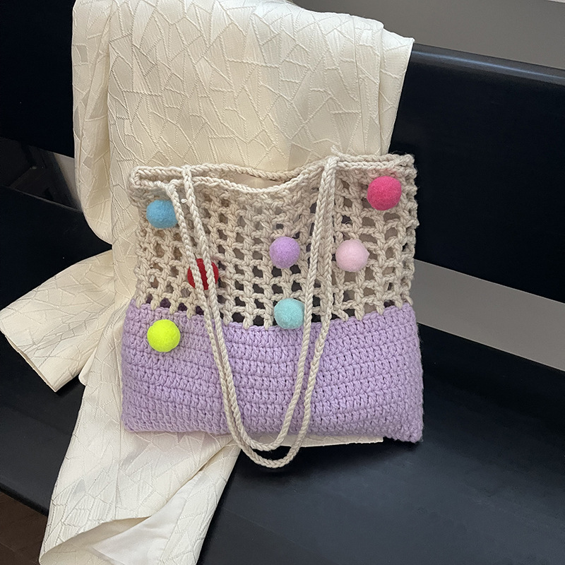 小清新女士单肩包成品钩织镂空大容量斜挎包新款可爱毛球沙滩包女