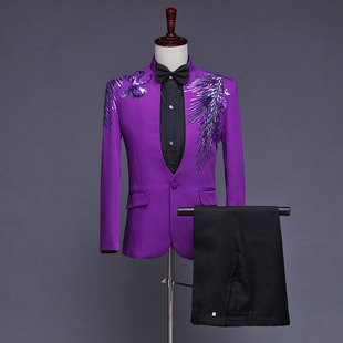 Photo Studio Men's Host Performance Suit Suit Stand Collar Suit Diamond Feather Flower Song Watch Performance Suit New Style