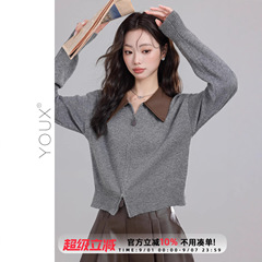 又巷【小巷秋】开衫外搭2025秋季新款复古宽松拼接polo领针织衫女