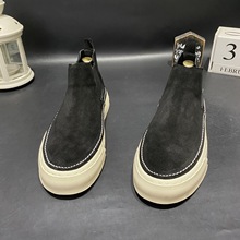 新款反绒皮一脚蹬短靴百搭时尚发型师秋冬高帮白底休闲鞋潮流男鞋