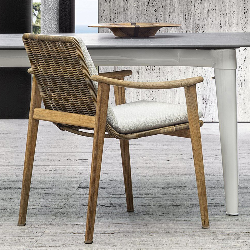 Jardín al aire libre mesa de teca y silla terraza patio muebles de madera maciza Villa Hotel modelo habitación al aire libre ratán Silla de comedor combinación