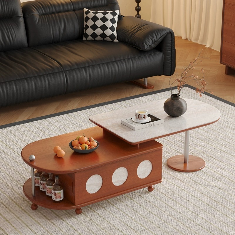 Mesa de centro de madera maciza de estilo antiguo retráctil pequeño apartamento sala de estar hogar mesa de té de roca 2024 nuevo lujo ligero sensación de alta gama