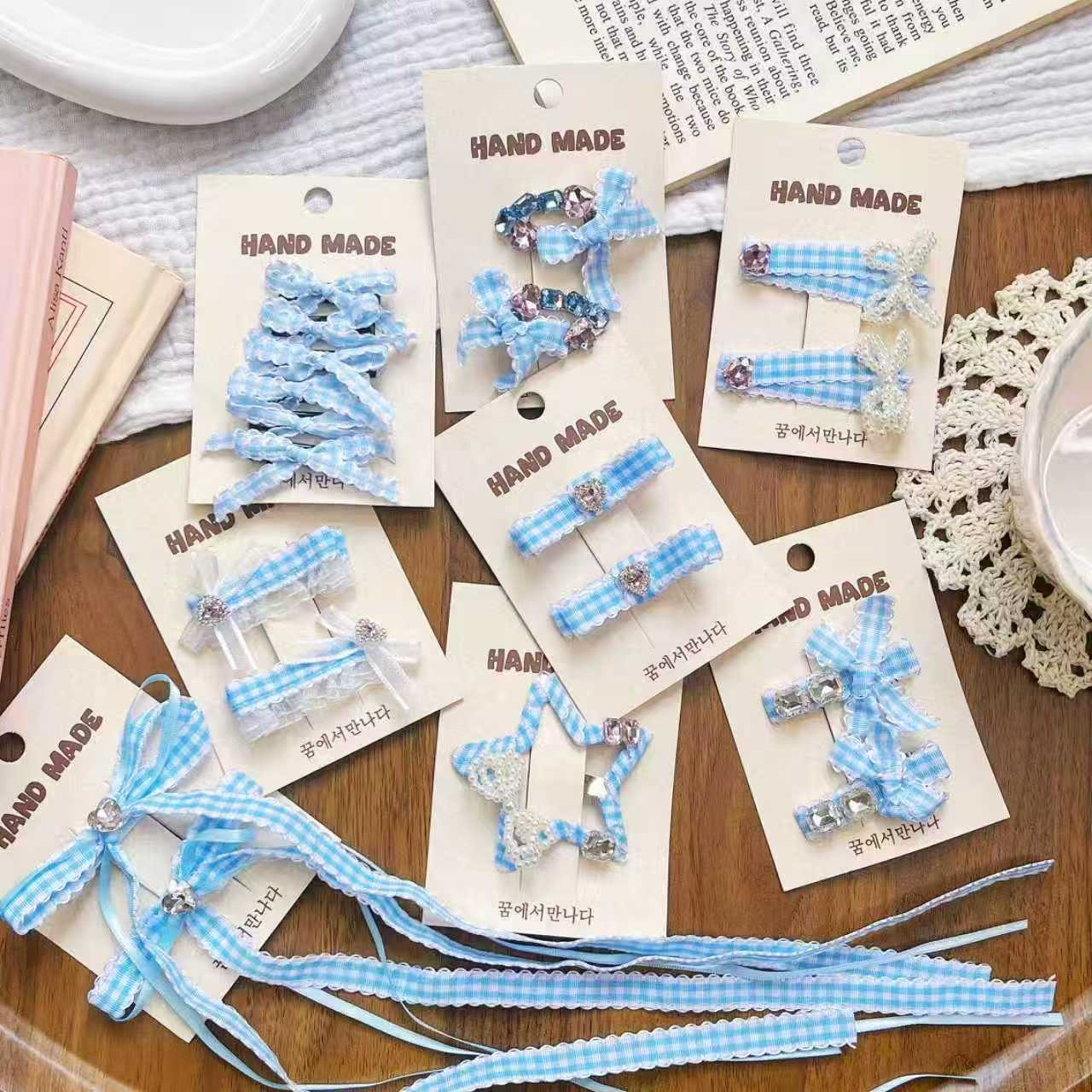 Azul pequeño fresco cuadrícula diamante arco broca de cabello dulce lindos broca de cabello universal broca broca de cabello nuevo