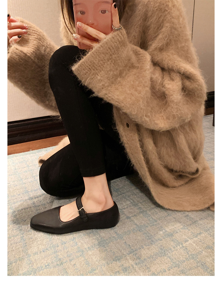 Versión de piel de oveja ~ cuero real francés plateado zapatos de mujer con cabeza cuadrada zapatos de cuero planos zapatos de cama suaves