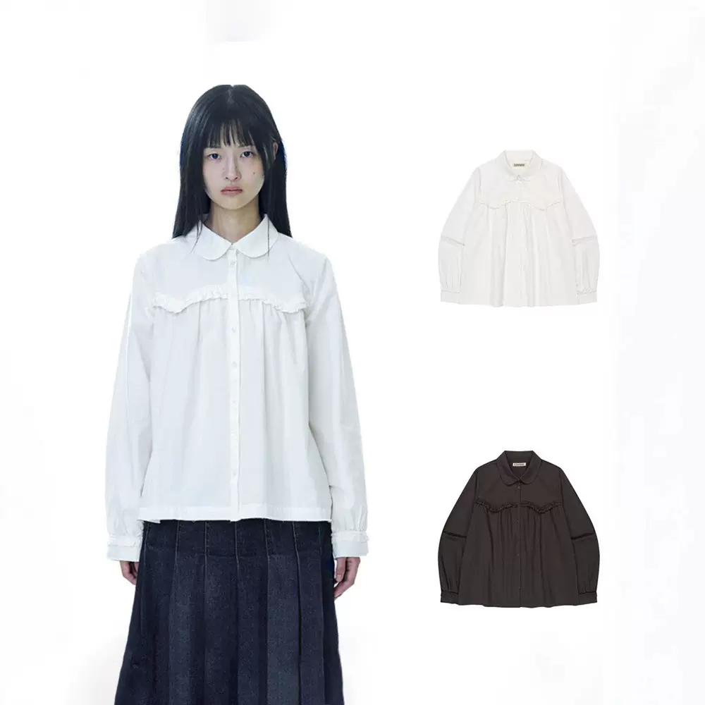 现H 纯色娃娃领褶皱花边宽松衬衫2025秋季女韩系长袖上衣coyse*o