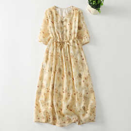 日韩棉麻2025新款夏季连衣裙气质女宽松大摆裙长裙系带印花裙子