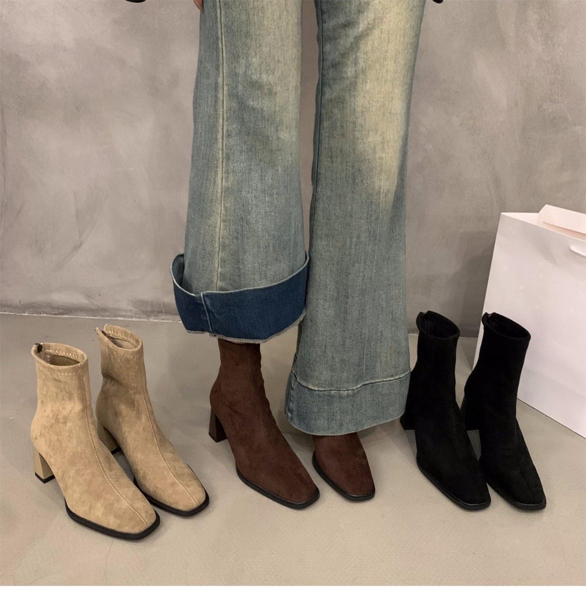 Suede Ankle Boots For Women Square Toe Slim Korean Style Footwear_voghion.com