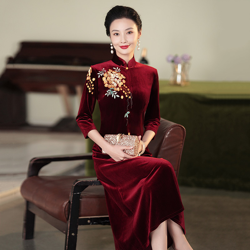 紅色國風顯瘦喜婆婆喜媽媽婚宴裝新中式改良旗袍女復古長袖秋冬裝