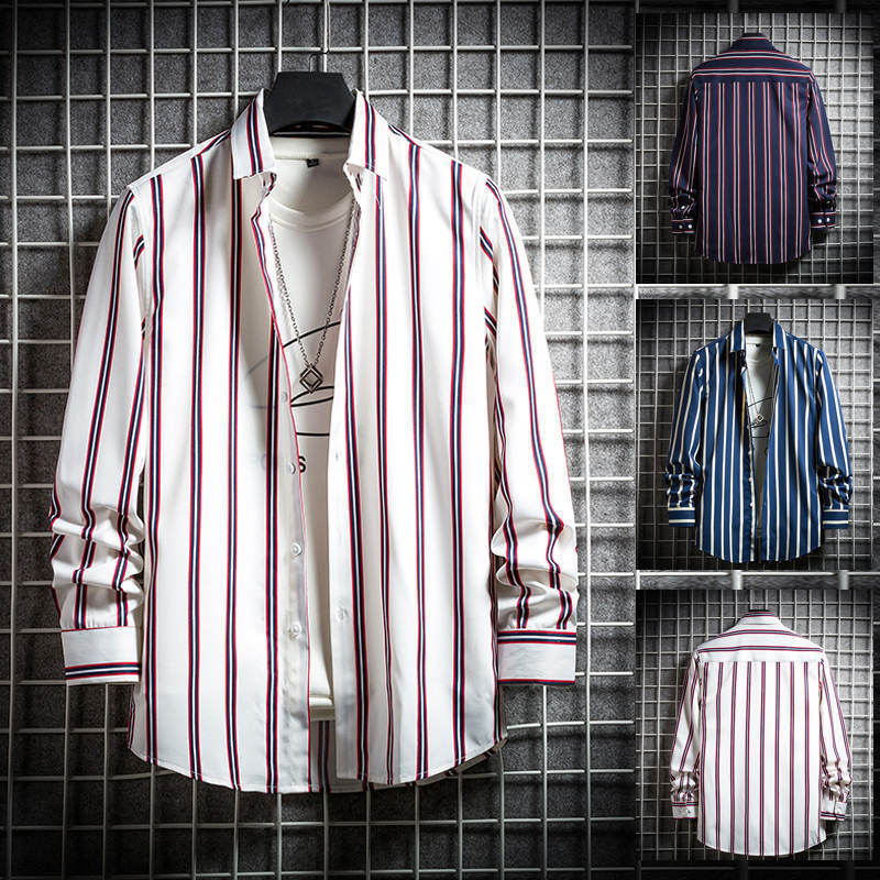 Hong Kong Style Factory Sleeve Shirt Men's Ins Fashionable All-match Loose Striped Shirt Spring and Autumn Fashionable Brand Korean Long Sleeve Jacket