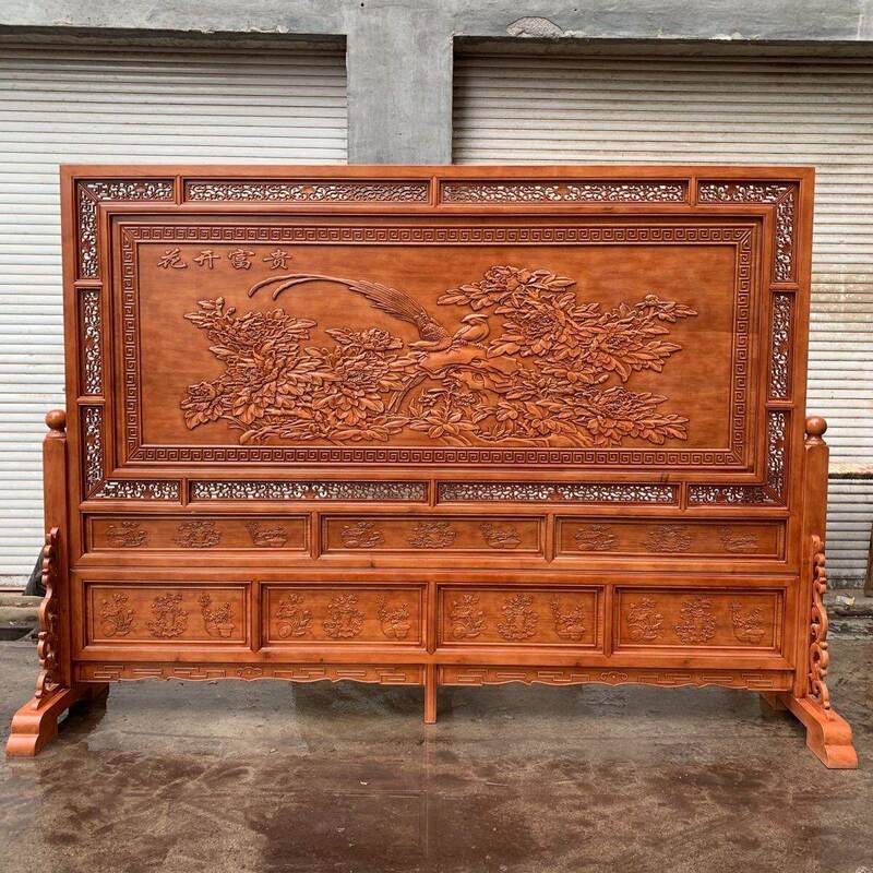 Dongyang Wood Carving Floor-Standing Screen with Floral Motifs, Chinese-Style Solid Wood Double-Sided Carved Screen, Living Room Entrance Partition Wall Dongyang Wood Carving Floor-Standing Screen with Floral Motifs, Chinese-Style Solid Wood Double-Sided Carved Screen, Living Room Entrance Partition Wall
