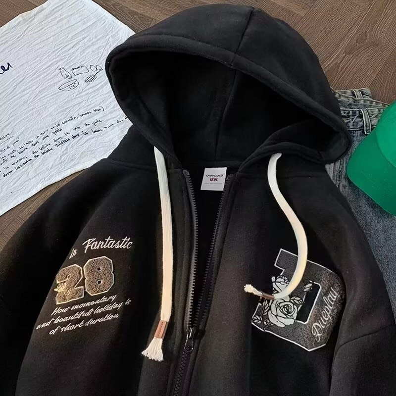 Felpa con cappuccio e cerniera retrò – Felpa unisex oversize con grafica anime (beige/marrone/nero, S-3XL)_voghion.com