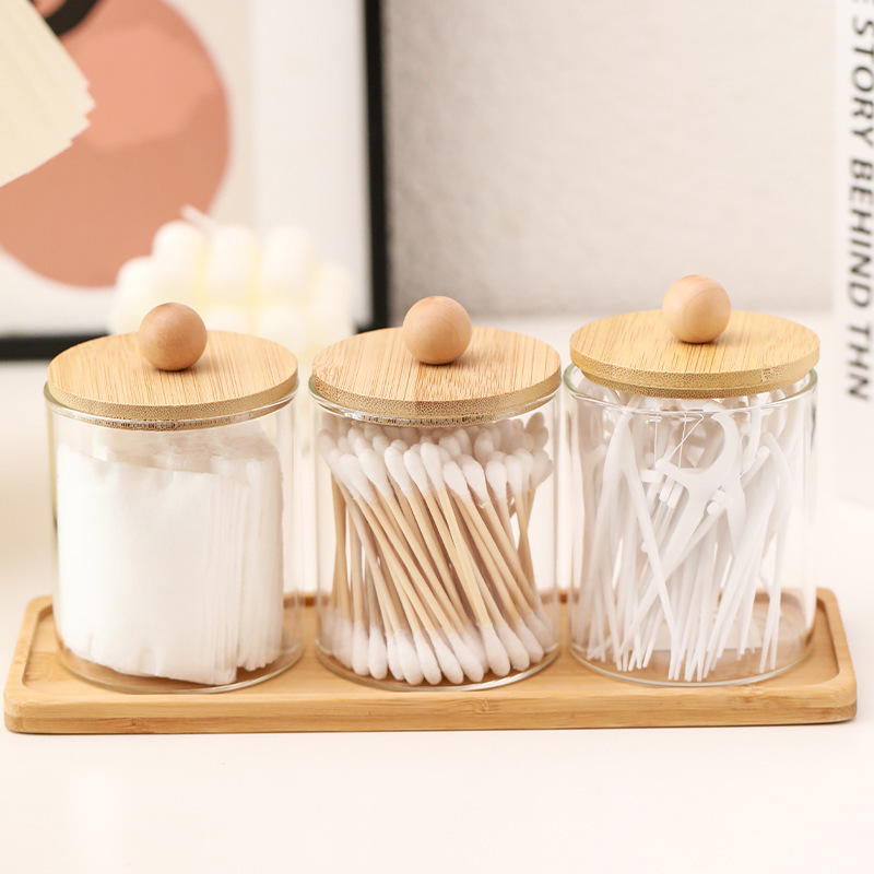 Glass cotton swab storage jar household round transparent container cosmetic cotton puff storage box makeup remover cotton suit wholesale