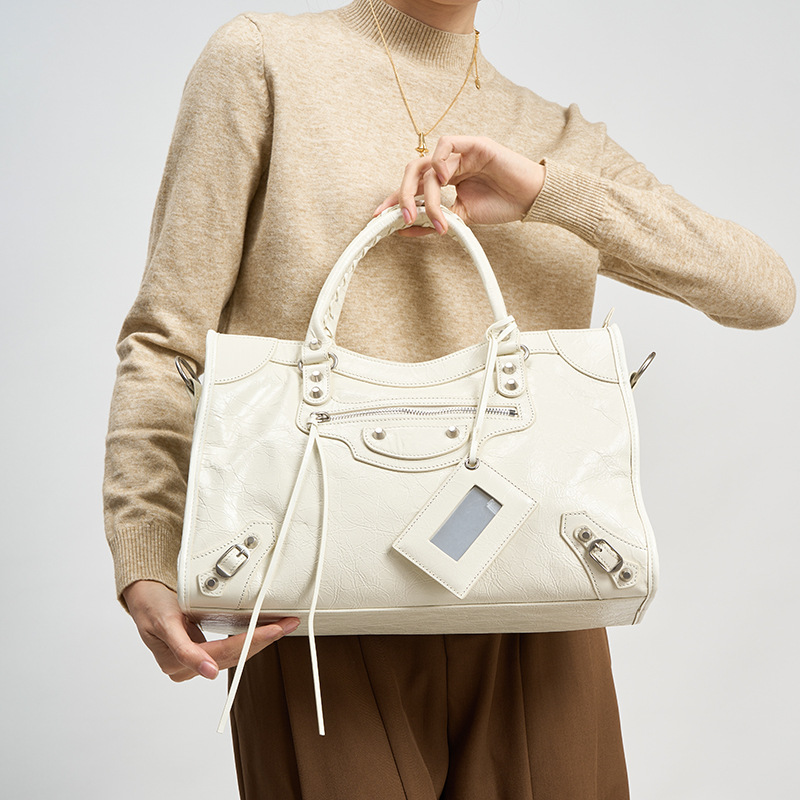 New Trendy Women's Studded Retro Motorcycle Bag - Luxury Genuine Leather Large Capacity Tote Shoulder Crossbody Handbag