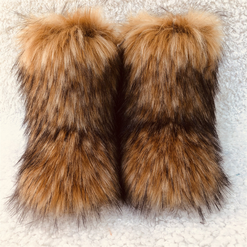 欧美平跟高帮仿貉子狐狸毛毛皮草雪地靴子冬季保暖中筒女士鞋跨境