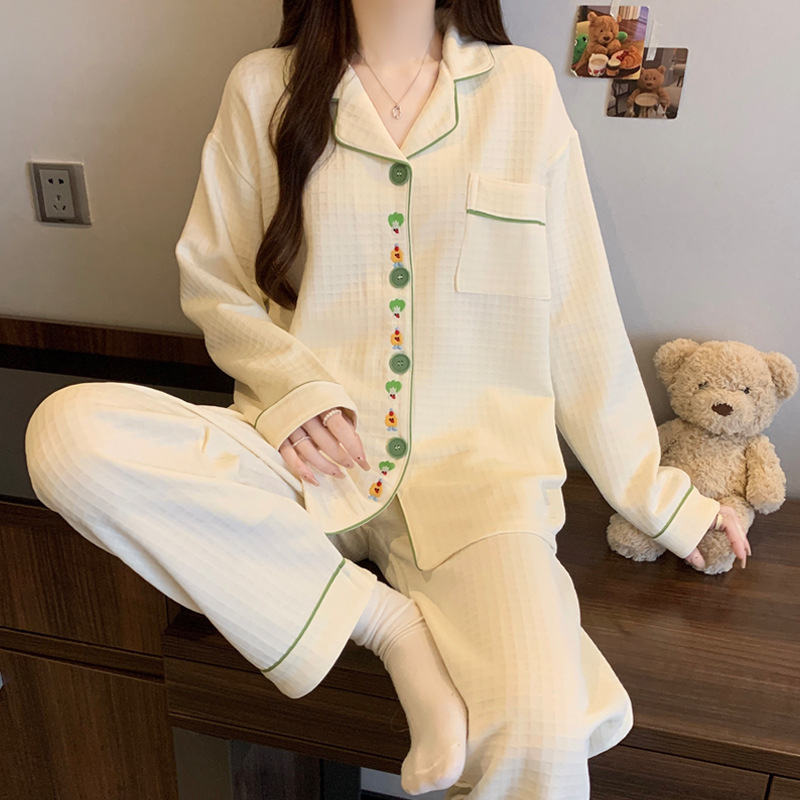 Forest-Style Solid Color Waffle Grid Air Cotton Autumn and Winter Warm Pajamas for Women Ins Home Wear High-Value Set Wholesale