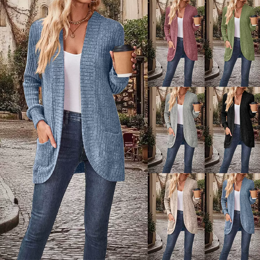 亚马逊跨境欧美新款女装外贸爆款长袖外套休闲纯色时尚口袋针织衫