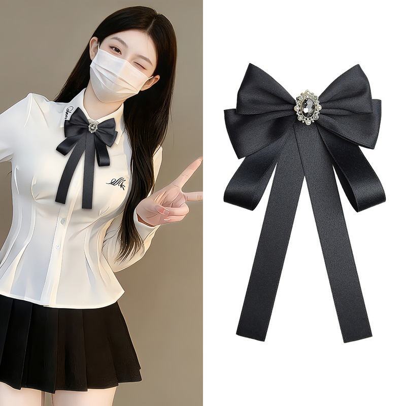 Bow Tie Women's Large Bow Shirt with Chanel-Style Black Ribbon, Pearl and Rhinestone Brooch Accessories, Versatile Pin Collar Flower