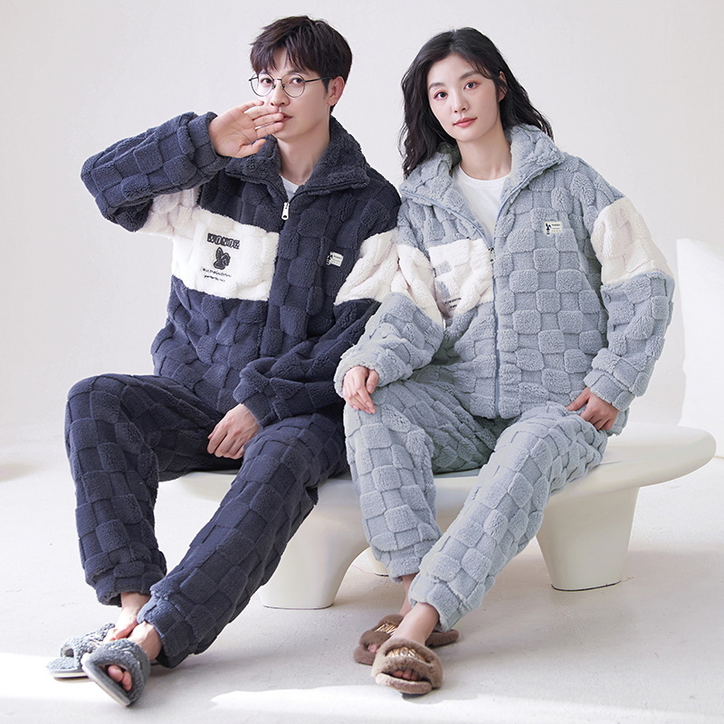 Pijamas de pareja de invierno de las mujeres de coral de lana collar de pie estilo deportivo ligero se puede usar fuera de forro polar engrosada homewear traje de manga larga