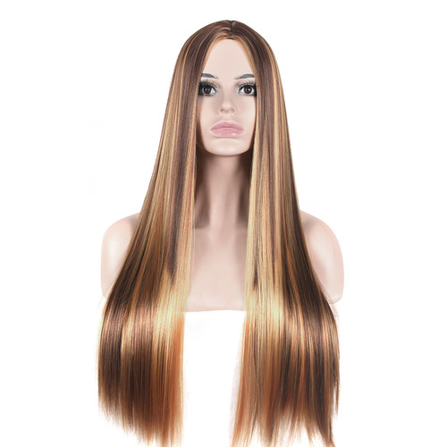 New European and American cross-border wig for women brown-gold gradient long straight hair rose mesh wig set one-piece drop shipping