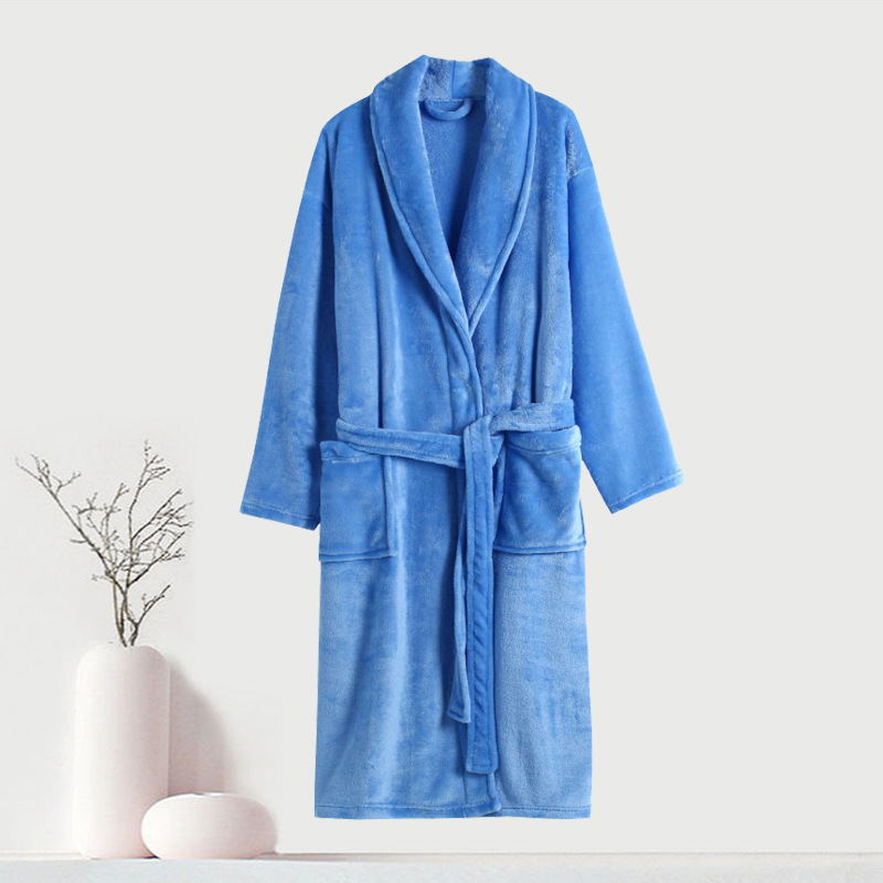 Cross-Border Hot-Selling Casual Flannel Solid Color Green Collar Bathrobe Long One-Piece Pajamas Couple Home Bathrobe Sleepwear