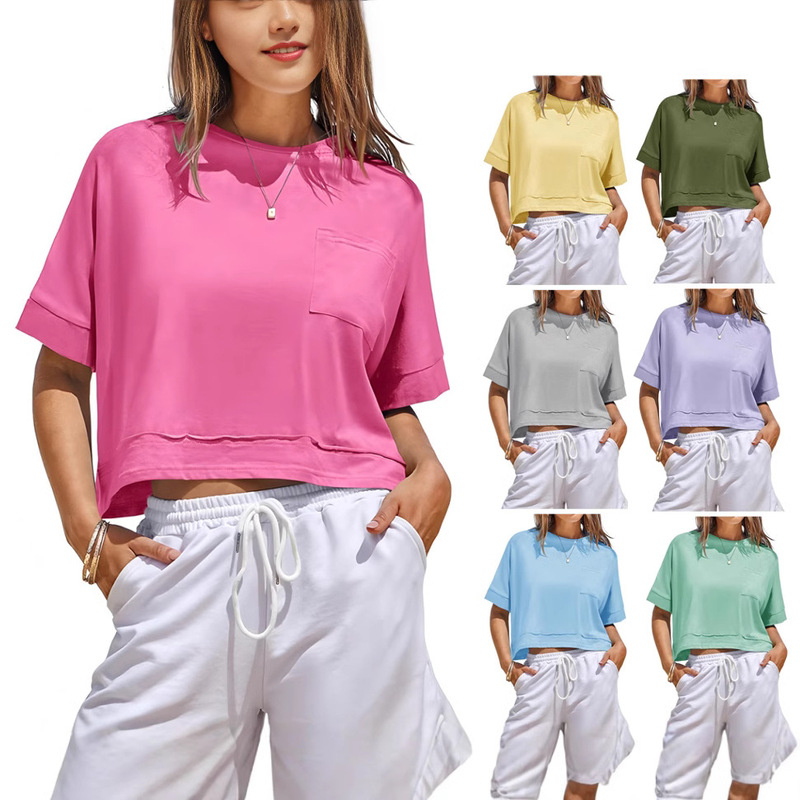 2025 Women's Oversized Crop Top Workout Short-sleeved T-shirt Summer Casual Loose Basic T-shirt with Mouth 2025 Women's Oversized Crop Top Workout Short-sleeved T-shirt Summer Casual Loose Basic T-shirt with Mouth
