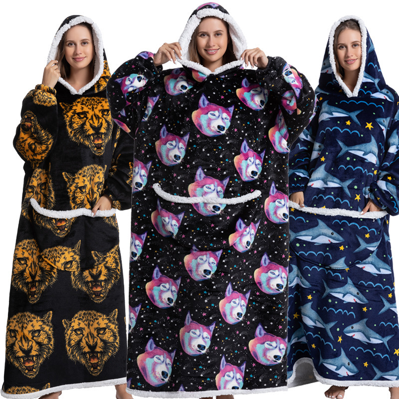 Amazon's New Animal Cartoon Cold-Proof Clothing Thickeneded Flannel Lamb Velvet Pajamas Tv Tv Lazy Blanket Hooded