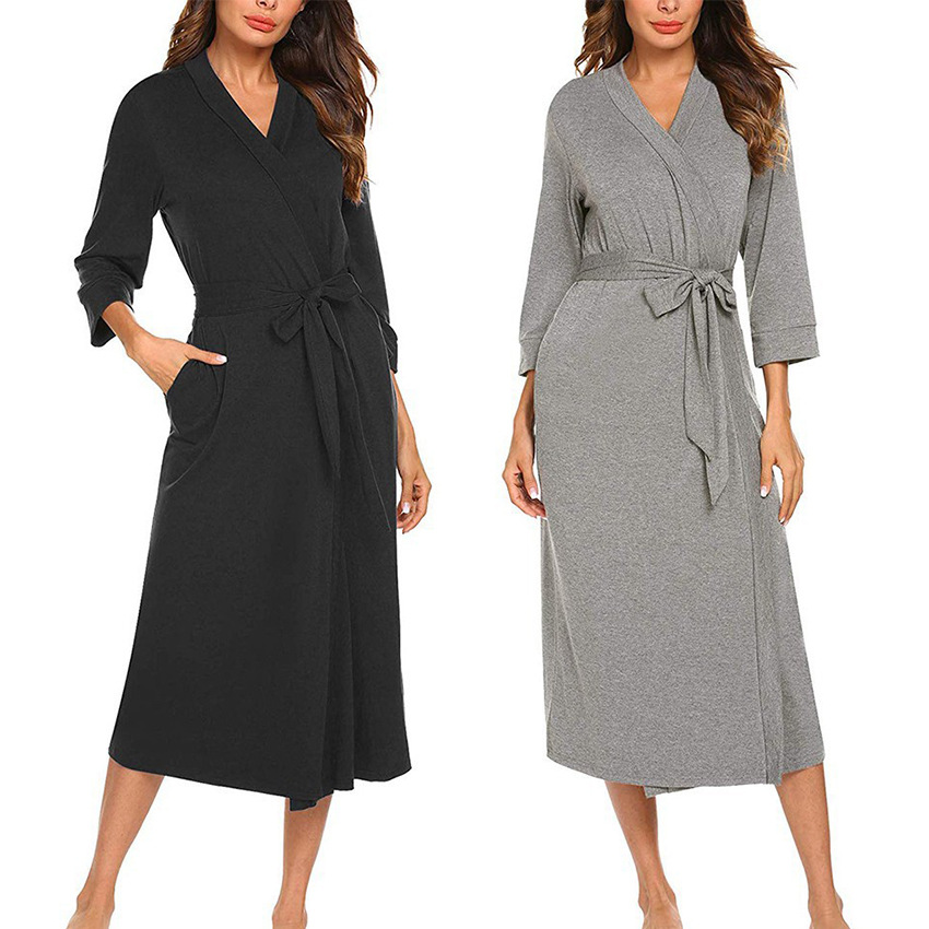 유럽과 미국의 국경을 넘는 여성용 반팔 잠옷, 아마존 위시에서 인기 판매 중인 V넥 목욕가운, 홈웨어, 7부 소매 롱 잠옷