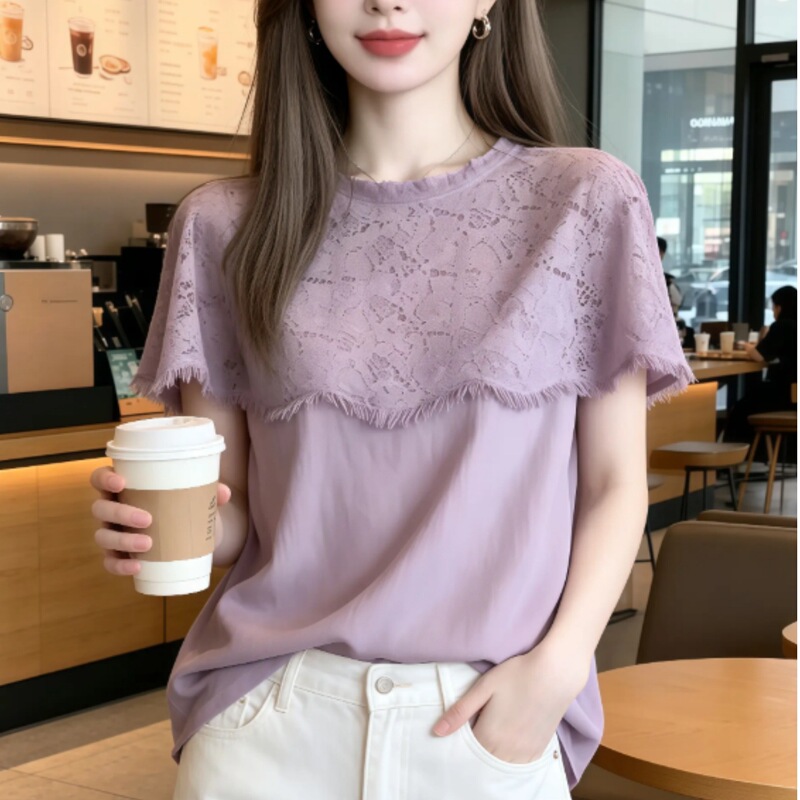 Simple and Versatile Purple Lace Patchwork Short-Sleeved Top for Women, New Summer Style, Fashionable and Super Stylish Round Neck T-Shirt for Work Simple and Versatile Purple Lace Patchwork Short-Sleeved Top for Women, New Summer Style, Fashionable and Super Stylish Round Neck T-Shirt for Work