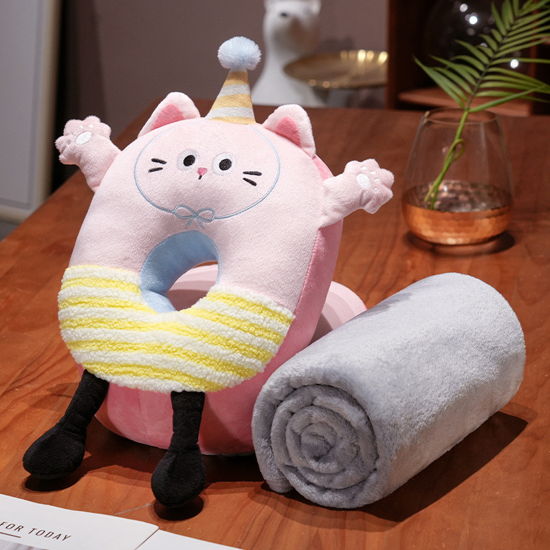 작은 손 큰 오픈 낮잠 베개----핑크 고양이 + 담요