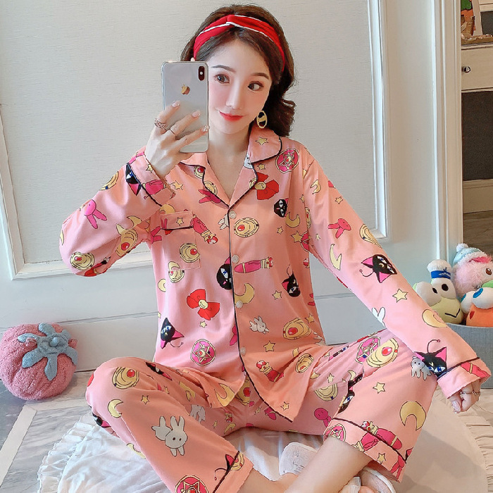 Primavera y otoño pijamas de las mujeres lindo simple traje fresco estudiante flojo Delgado manga larga cardigan leche seda inicio desgaste